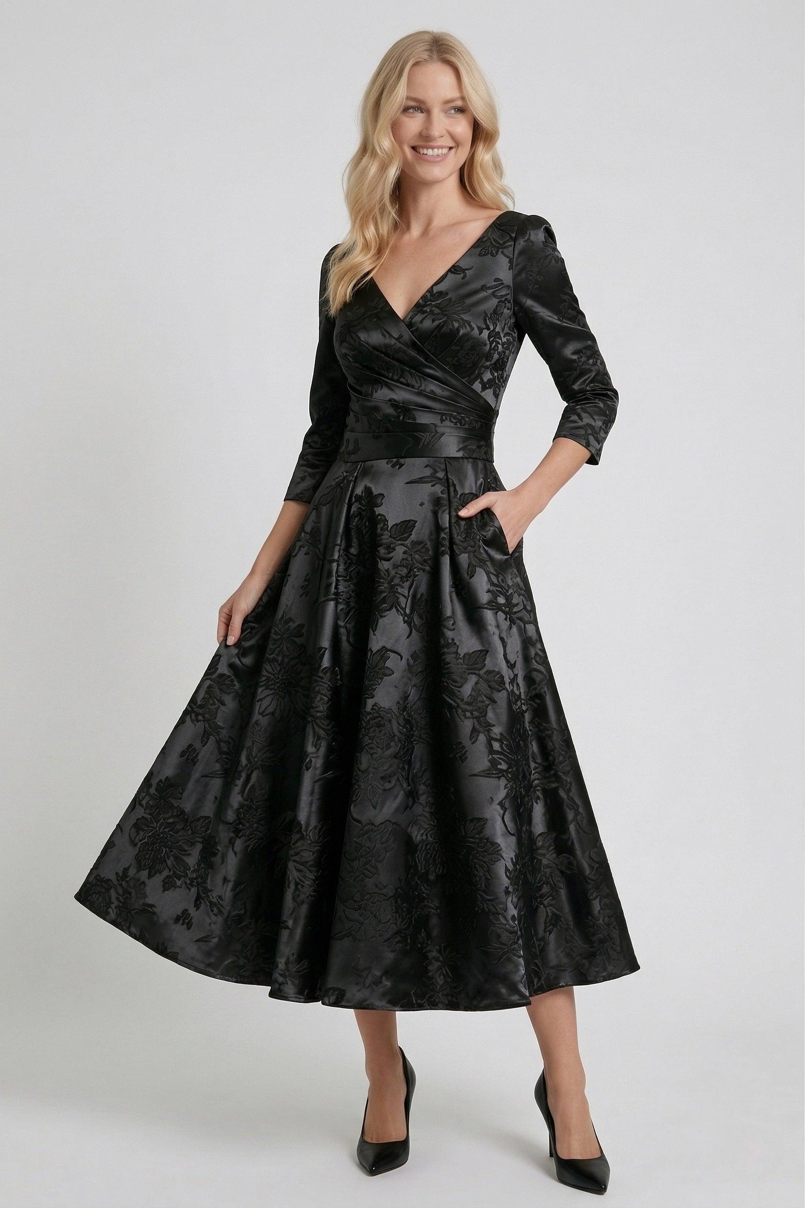 A-Line Tea-Length Jacquard Mother of the Bride Dress CM0415 - Black Floral - COCOMELODY